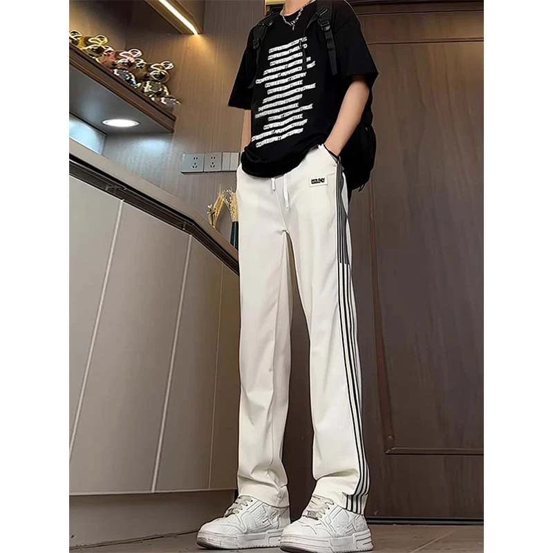 美式条纹速干冰丝裤男直筒青少年夏季薄款裤子加长款白色运动卫裤