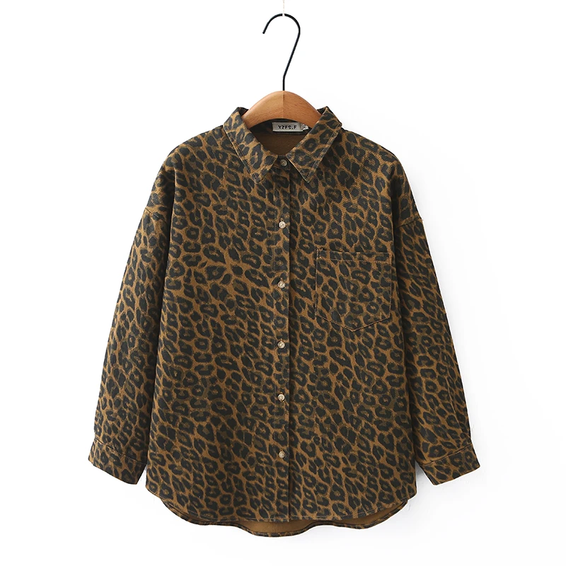 卡洛町大码女装120-200斤春季新款时尚宽松显瘦豹纹牛仔衬衫307