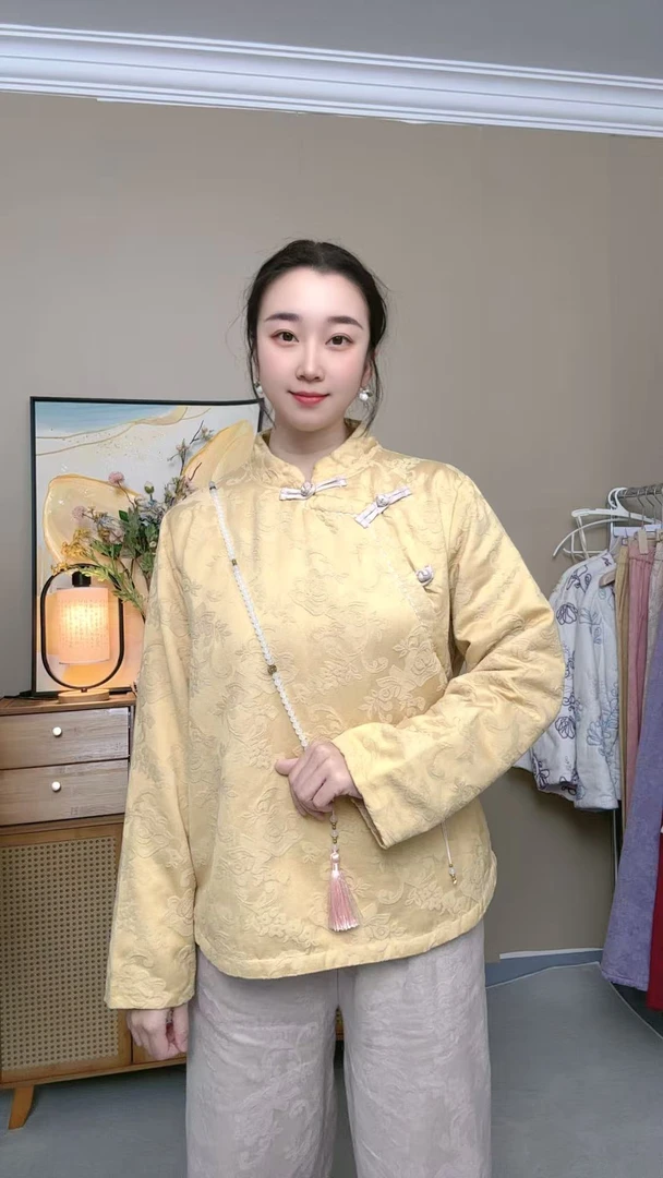 麻风小筑【悠然】网红立领女提花厚款宽松型盘扣长袖棉服中国风复古