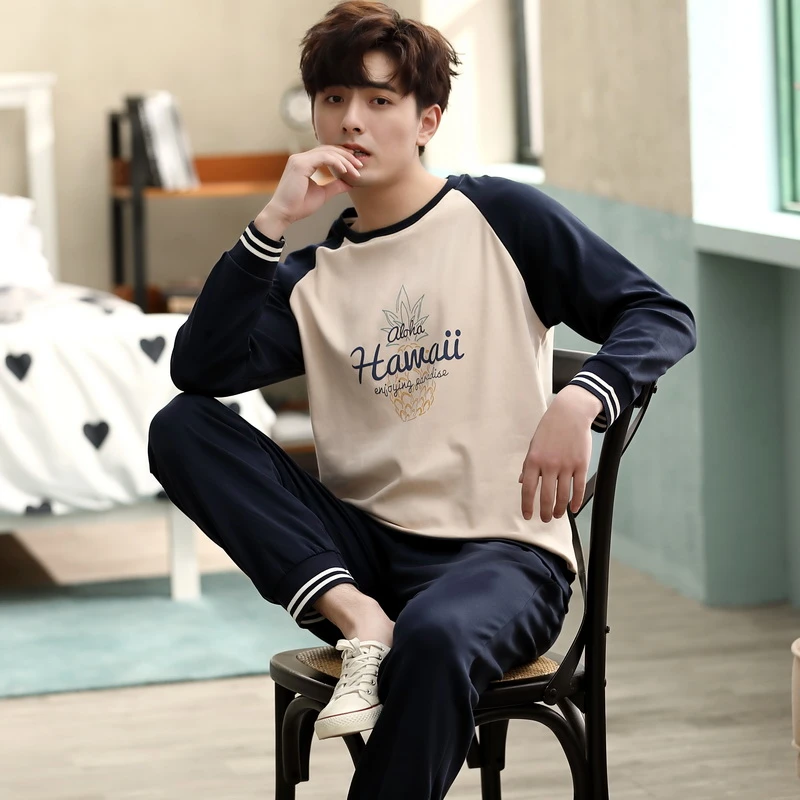 2025年新款睡衣男春秋款纯棉长袖圆领套头插色简约全棉家居服套装