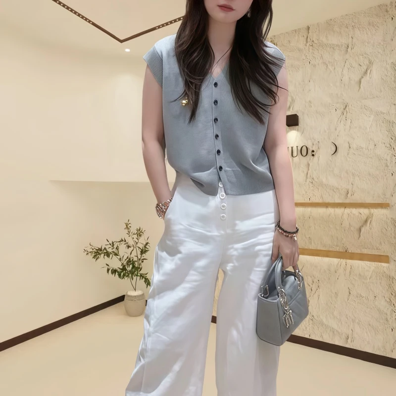 2025夏季简约纯色单排扣气质V领针织短袖T恤时尚开衫气质休闲上衣