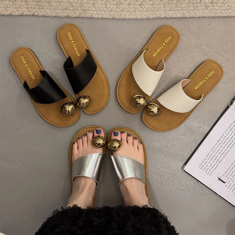 复古森系平底一字带套趾小凉拖鞋女2025新款外穿百搭沙滩度假凉鞋
