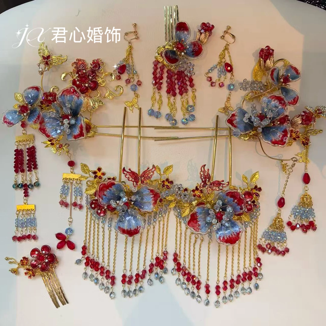 君心家 4312复古红蓝撞色水晶步摇中式八件套新娘秀禾结婚头饰