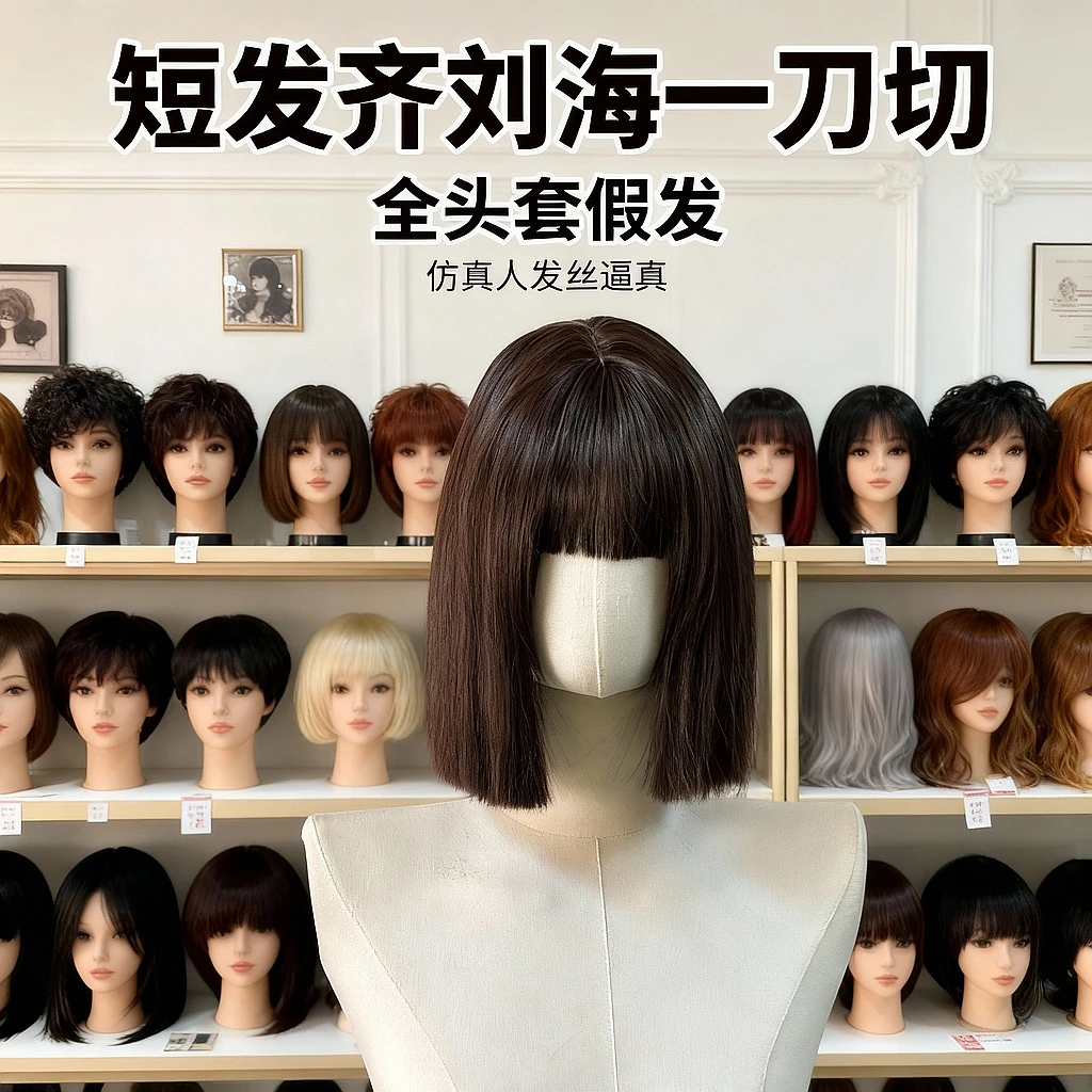 假发女短发齐刘海一刀切棕黑色自然逼真仿真人发丝全头套假发款式