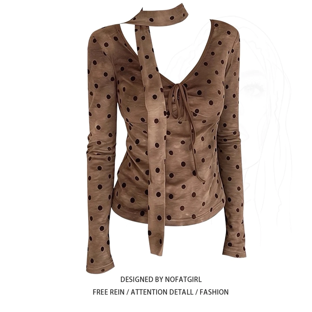 大码胖妹妹性感辣妹风波点飘带v领长袖T恤秋季新款修身显瘦上衣女