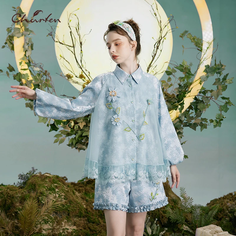 【媛媛专享】朝峰春秋新款翻领网纱拼接外套衬衣女CFD3A306-3008A