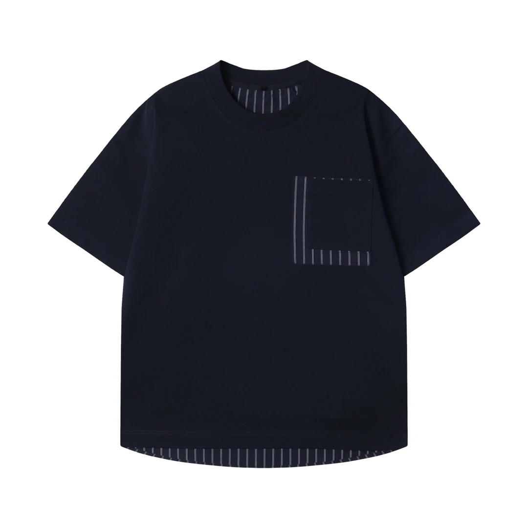 夏季高级感新款潮牌拼接口袋圆领短袖T恤小众设计百搭套头上衣