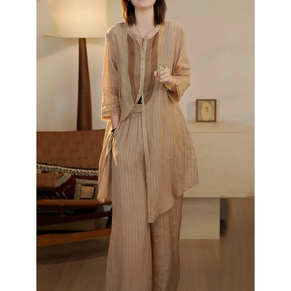 小众休闲文艺风条纹气质裤套装夏季新款显瘦中长款百搭衬衫+裤子