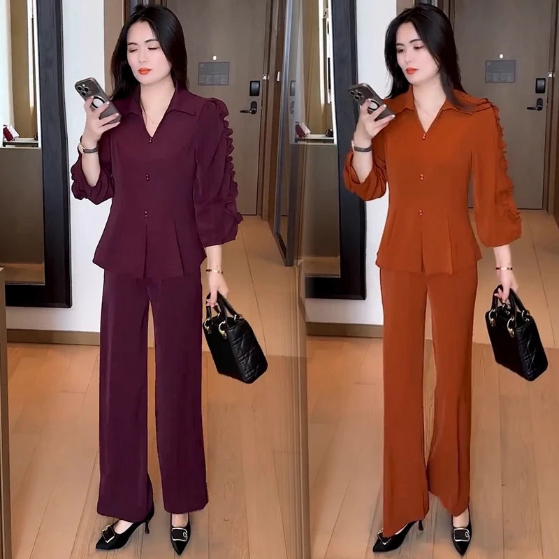 时尚套装女2025秋季新款洋气质木耳花边拼接长袖衬衫阔腿裤两件套