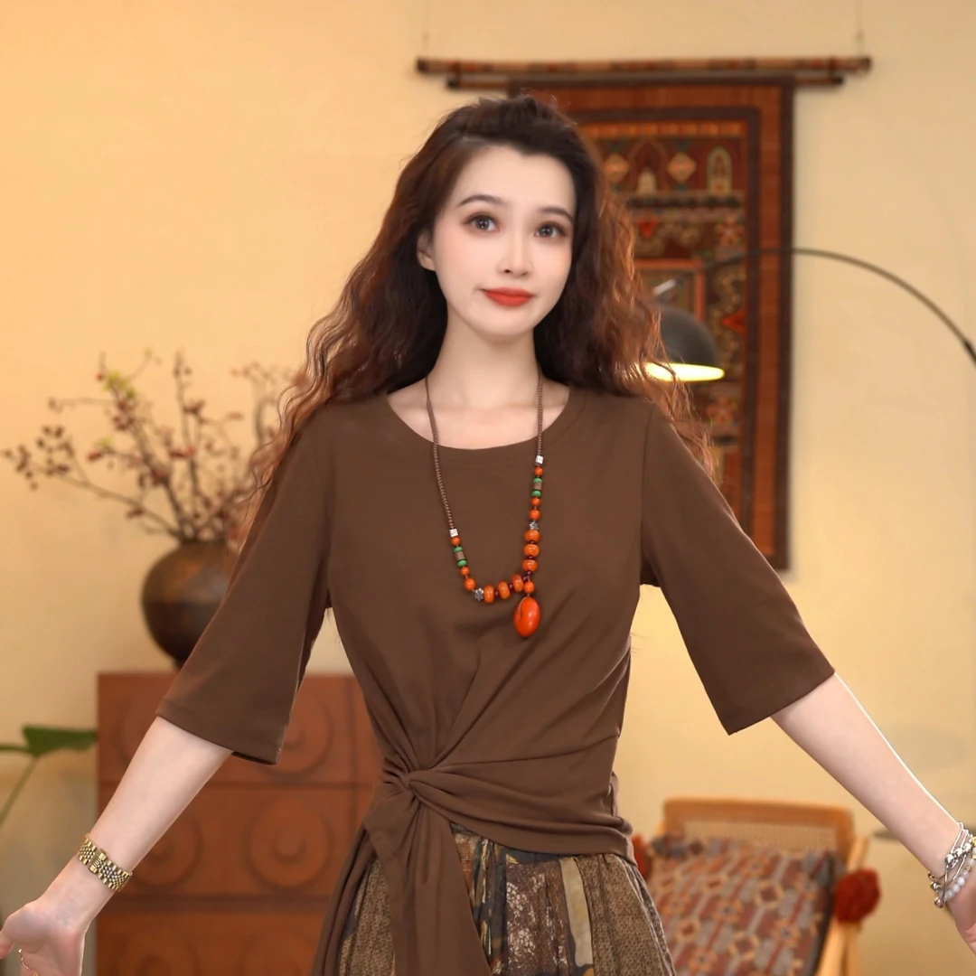 顾玖儿夏季圆领收腰显瘦小众T恤#FH3706