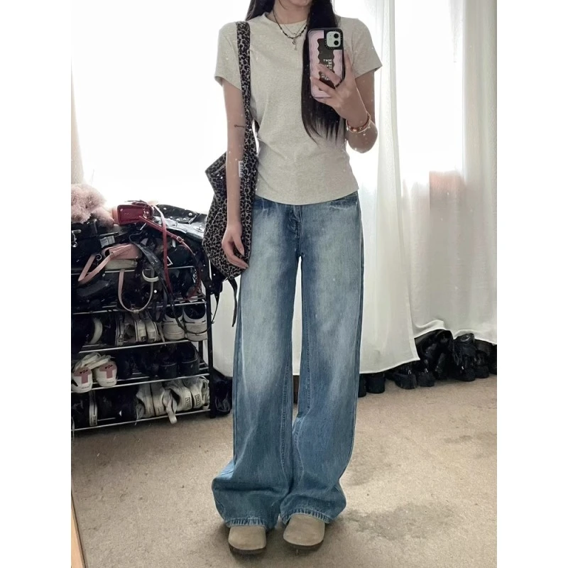 高个子美式复古加长阔腿牛仔裤女高腰秋季新款显瘦宽松拖地直筒裤