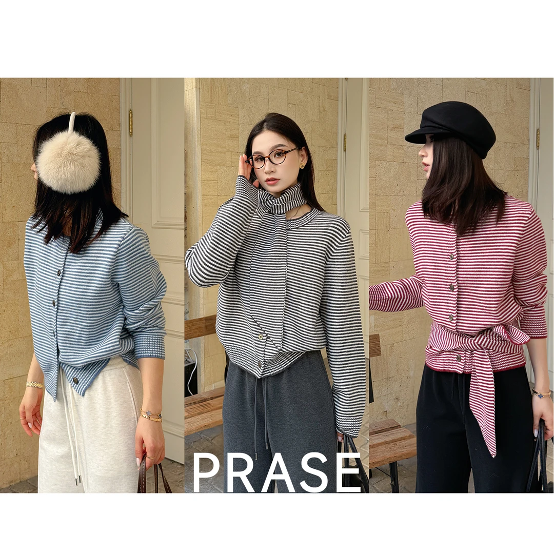 PRASE·噜【海风甜心】微胖学院风冬短款圆领撞色条纹毛织衫PR511B22