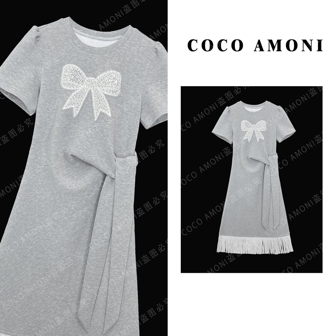 时尚设计师爆款夏日女装拼接重工蝴蝶结收腰显瘦气质连衣裙PT008