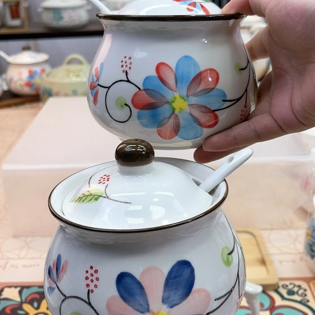 【闪购商品】瓷600毫升手绘调味罐一蓝一红带勺