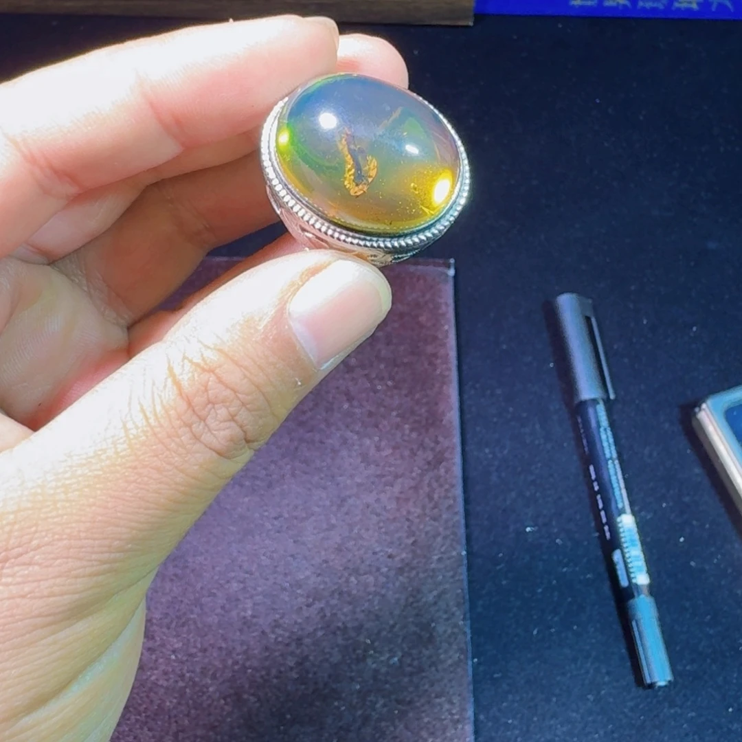 琥珀银S925镶嵌裸石戒指