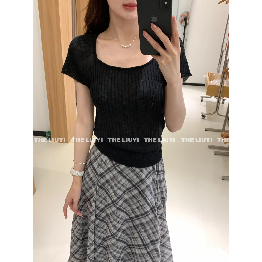 【LIUYI】小蛮腰~夏季显瘦方领冰丝露背针织上衣54173