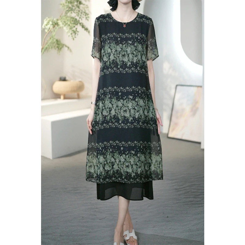 法式黑色碎花短袖连衣裙女夏季妈妈装大码宽松遮肉显瘦长裙A21762