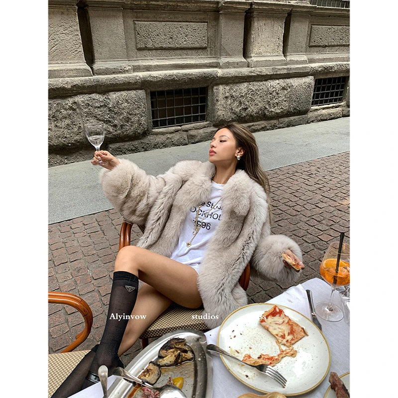 新款皮草「漫步香榭」芬兰进口整皮狐狸毛女年轻款冬皮草外套