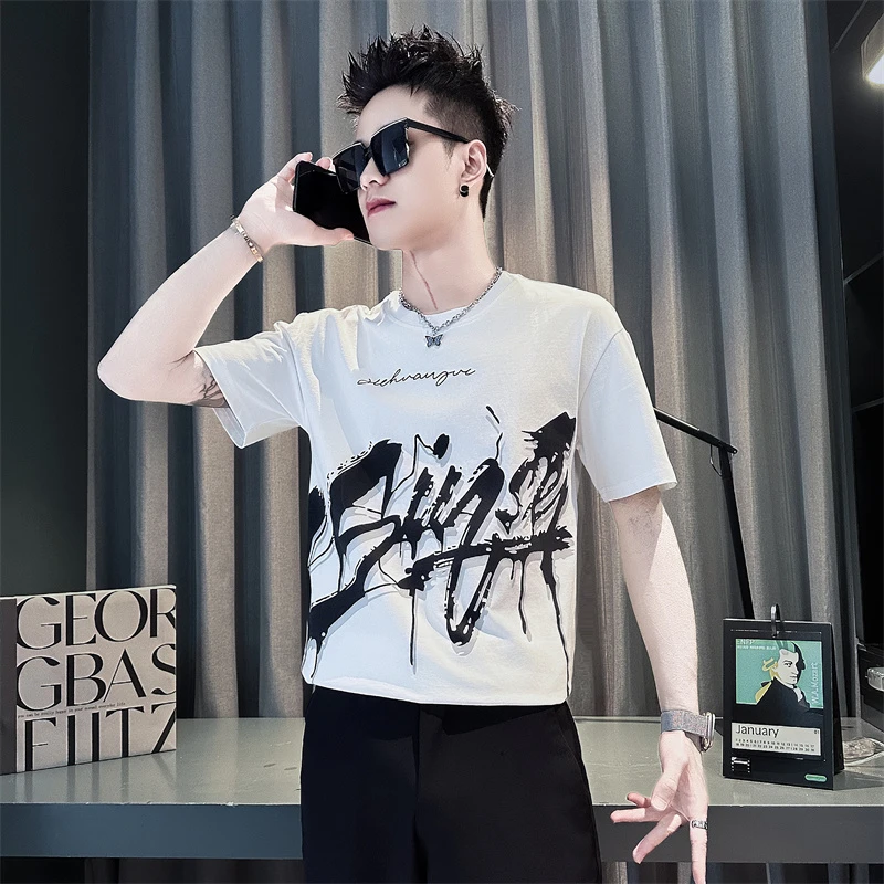 男士短袖t恤夏季2025新款字母印花网红洋气炸街男装英伦痞帅半袖