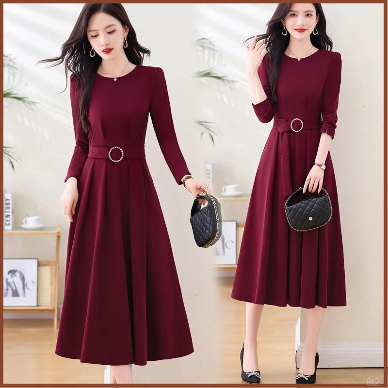 高级感安哥拉红长袖翻领连衣裙女春秋新款早秋收腰气质显瘦打底裙