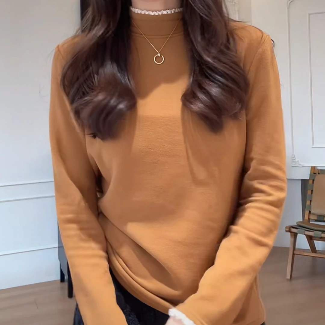 时尚百搭简约蕾丝边拼接打底衫秋冬2025新款创新女士套头长袖T恤