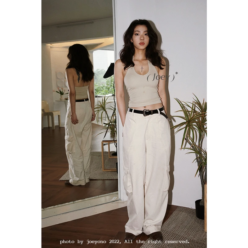 超舒适的90'S复古基础款针织罗纹挂脖背心吊带露背夏内搭外穿