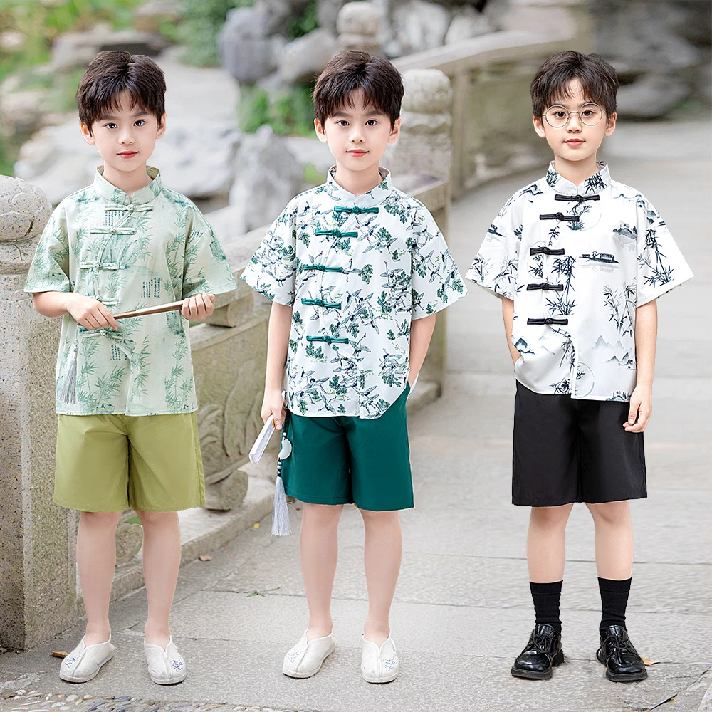 【福利新款】男童新中式汉服夏季新款国风绿竹短袖套装古风唐装六一