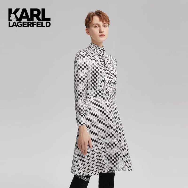 【晨粉专享价】Karl Lagerfeld 新款KL老花真丝长袖连衣裙 216L1314