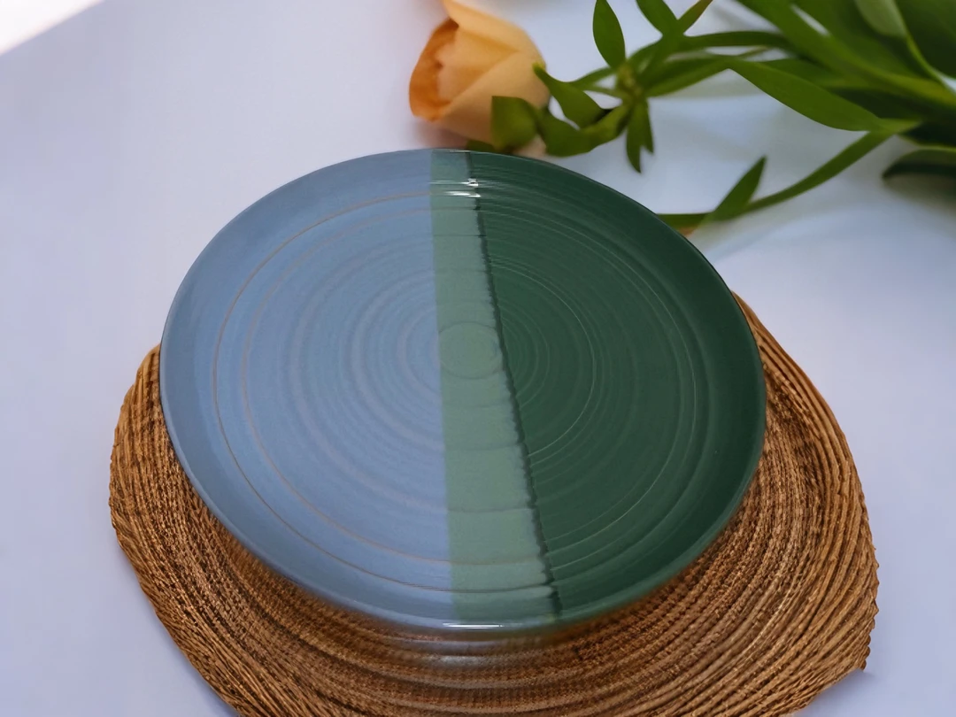 051默认微瑕绿色三拼色复古创意陶瓷大盘12英寸30.48cm盘子餐盘