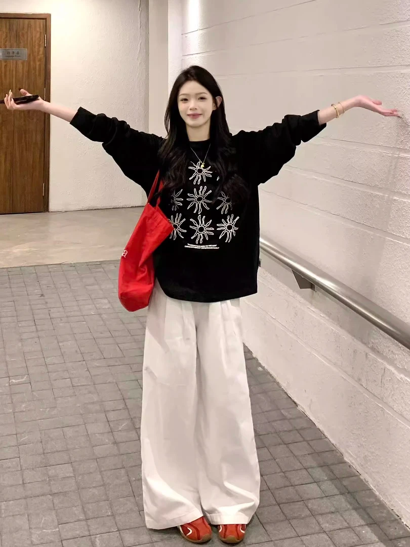 美式太阳花印花重磅长袖T恤女秋季新款宽松慵懒风打底衫百搭上衣
