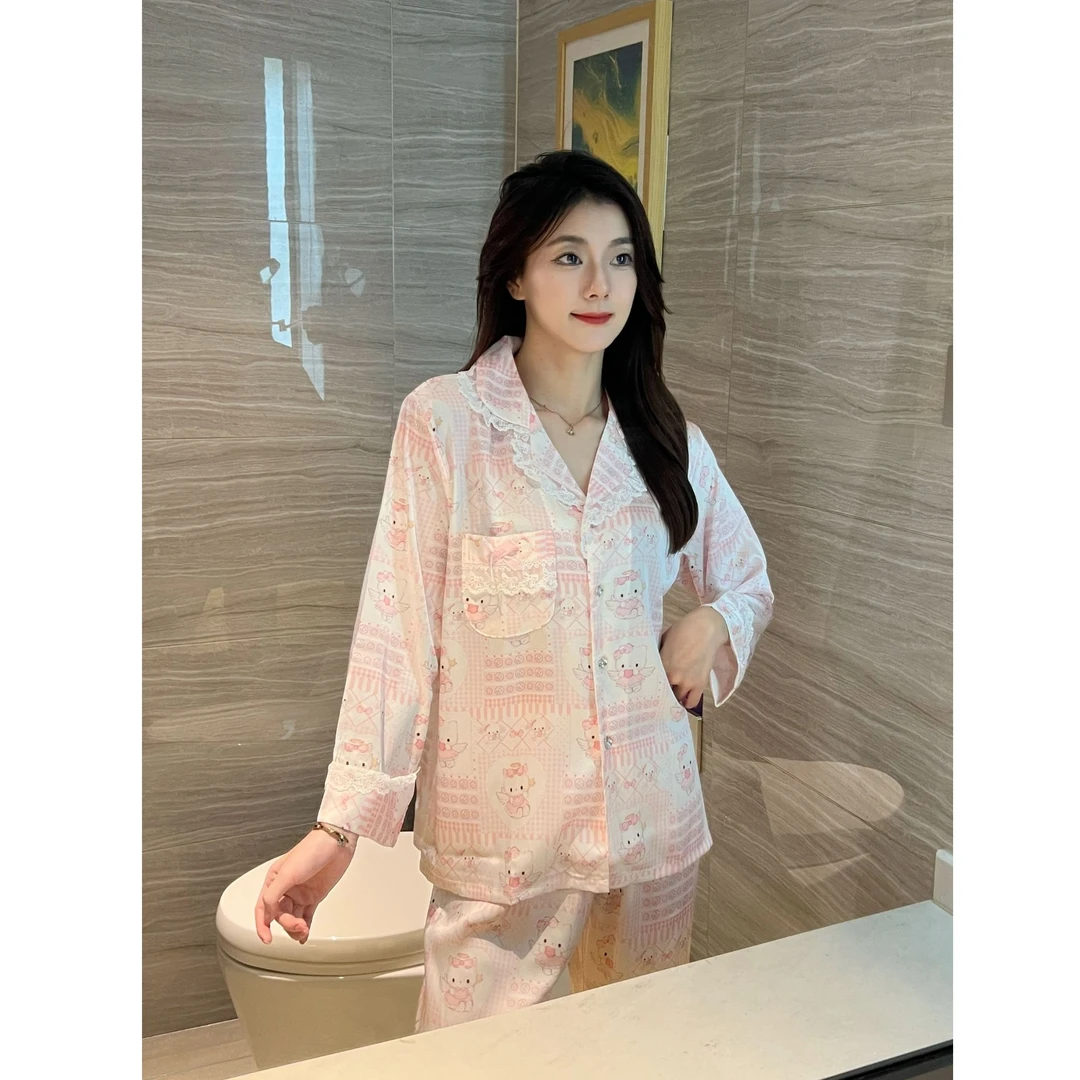 法式少女Hello Kitty冰雪丝睡衣女春秋新款蕾丝花边家居服套装