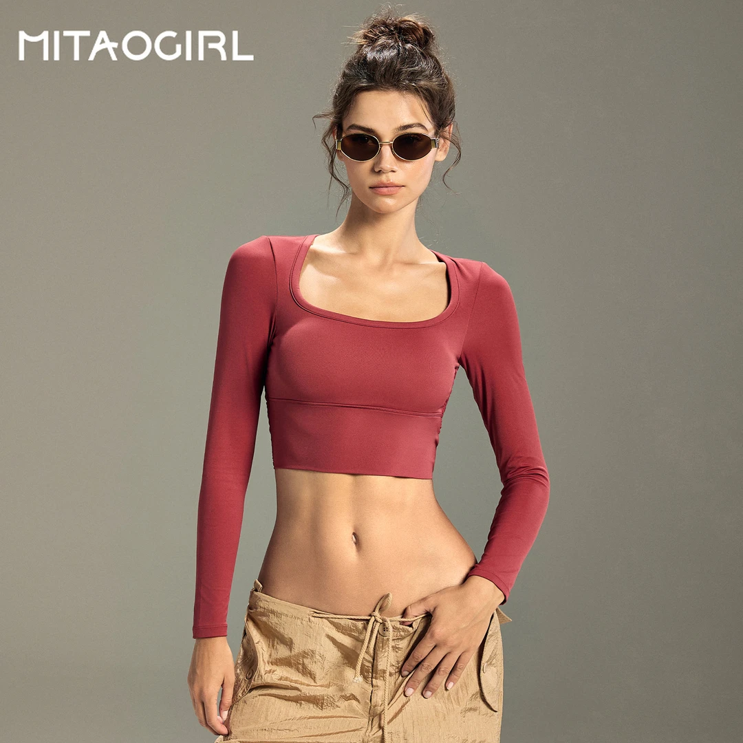 MITAOGIRL瑜伽服女秋季固定杯运动上衣美背长袖跑步普拉提训练