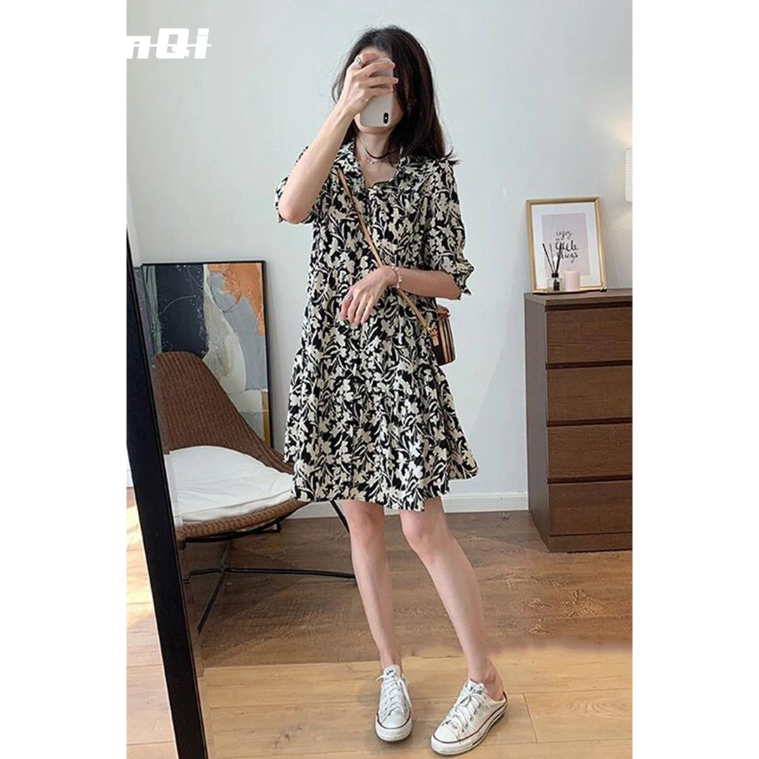 淳启大码洋气减龄Polo领连衣裙女夏季遮肉显瘦碎花雪纺中长款裙子