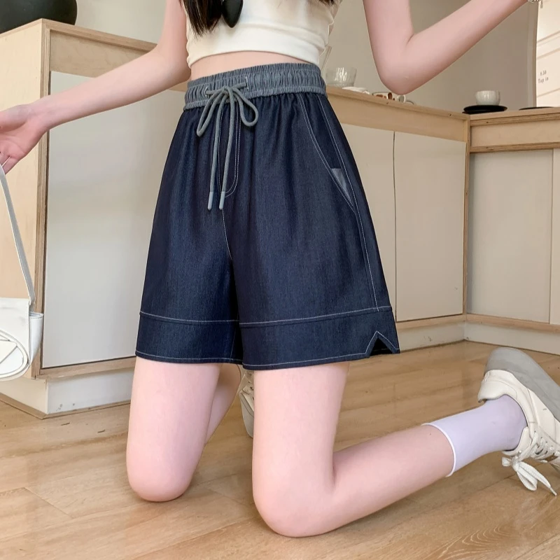 丹宁蓝高腰牛仔短裤女2025夏新款韩版宽松显瘦小个子a字热裤潮