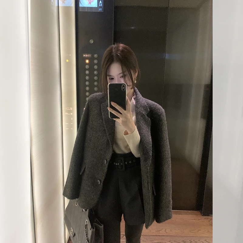 KR出口原单 高智西装 品质双色混纺宽松落肩翻领外套 QG244001