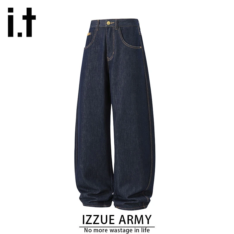 izzue秋冬加厚水洗牛仔裤宽松美式休闲男女同款丹宁蓝弯刀牛仔裤
