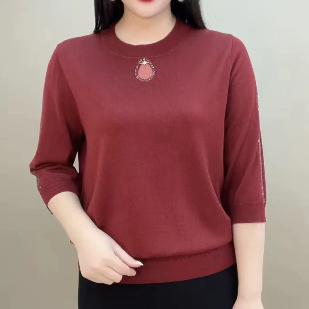2025春夏新款时尚烫钻吊坠七分袖针织女衫宽松显瘦气质减龄妈妈装
