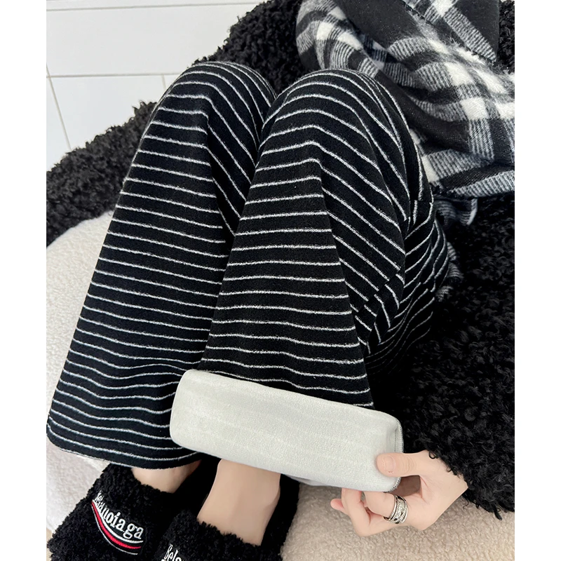 冬季加厚加绒条纹直筒休闲裤子2024新款今年流行爆款时尚阔腿裤女