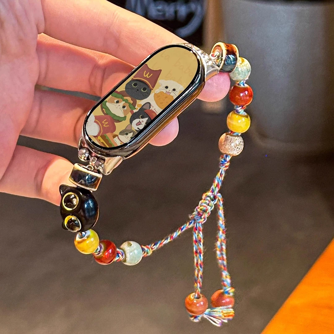 适用小米手环10/9/8/NFC表带陶瓷版小猫串珠拉绳小众可爱腕带替换