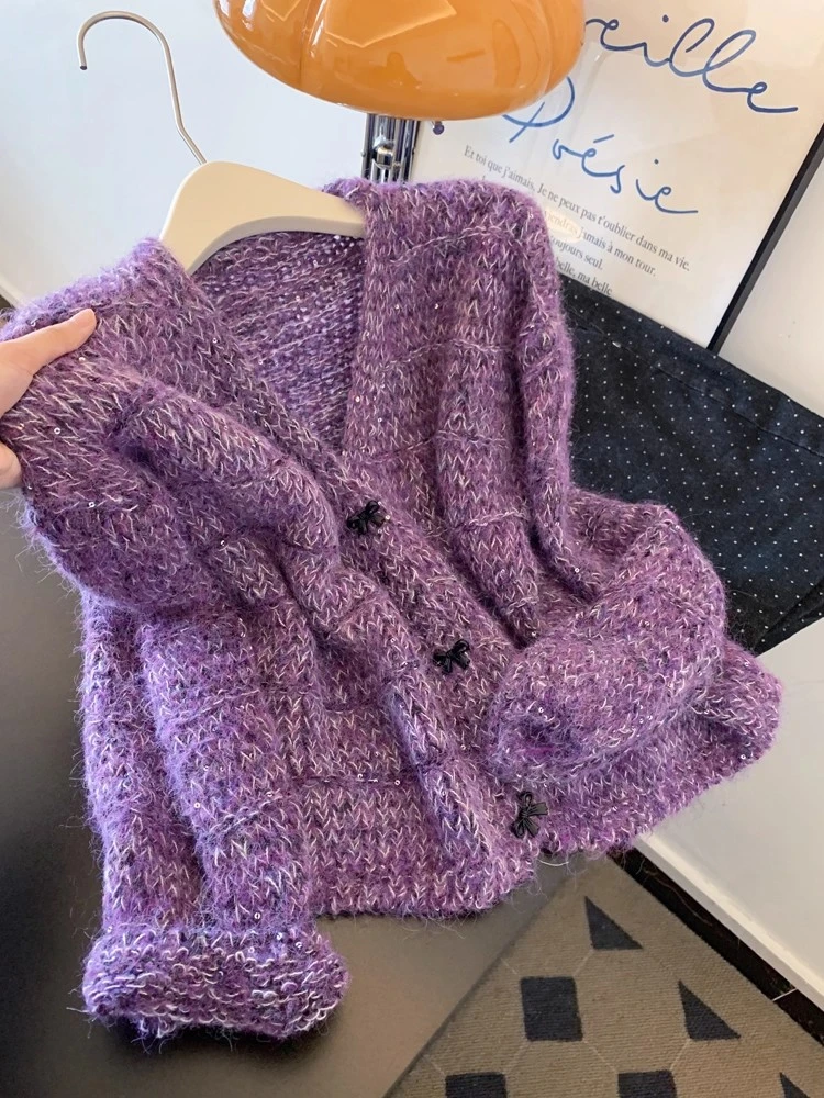 法式紫色v领宽松长袖针织毛衣开衫外套慵懒风高级感上衣2025秋季