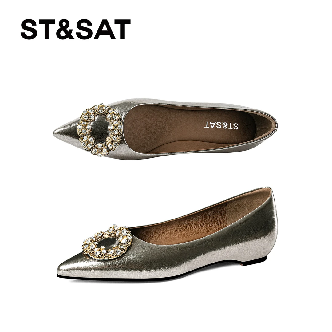 St&Sat/星期六尖头舒适气质单鞋水钻英伦百搭女鞋浅口内增高跟鞋