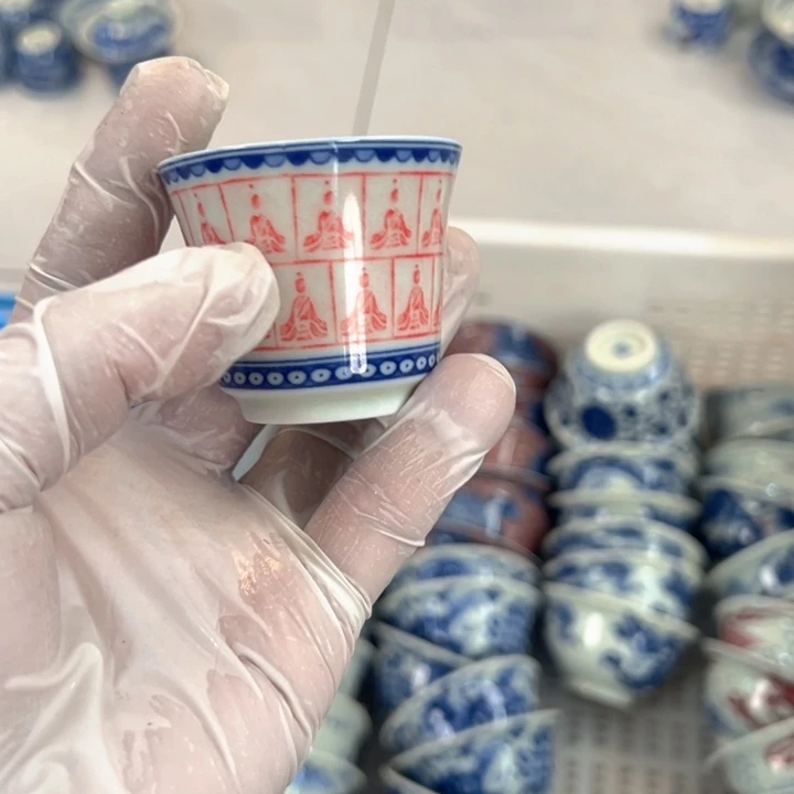 瓷片白青花千佛马蹄客杯全品