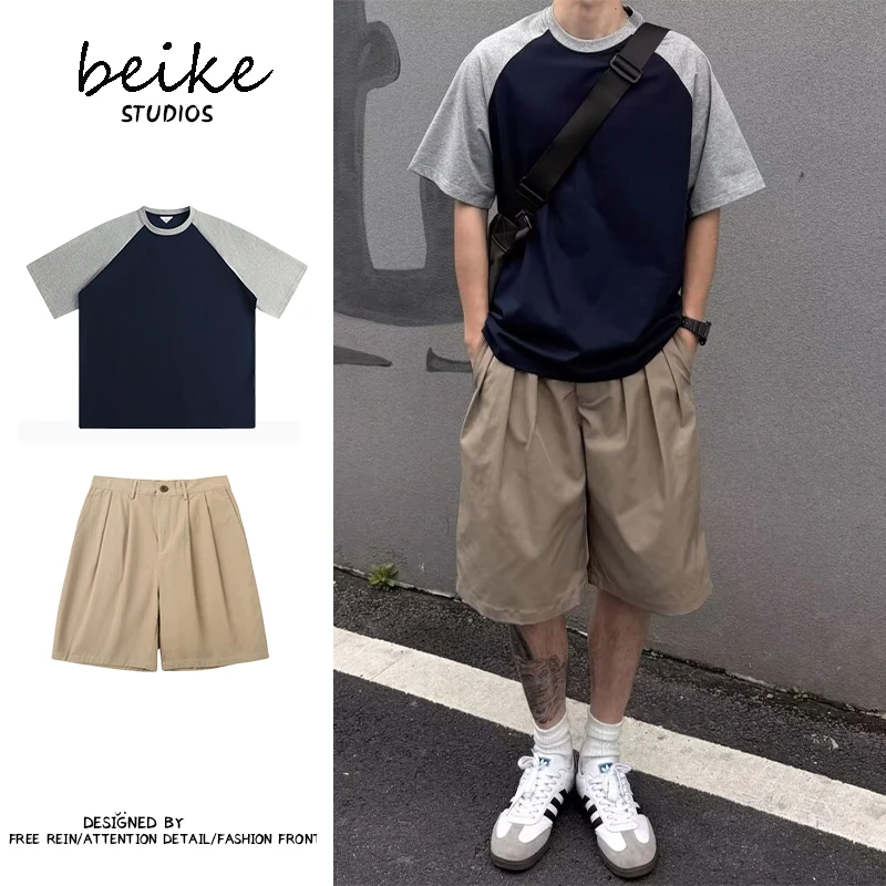 两件装/单件日系拼接袖男款夏季宽松圆领T恤男女学生短袖潮流套装