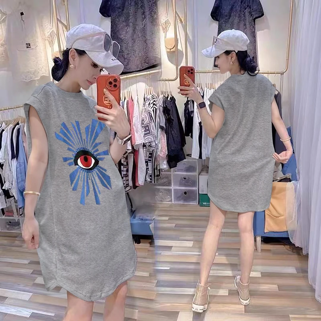 高品质韩版印花眼睛设计休闲宽松中长款简约无袖坎肩T恤裙