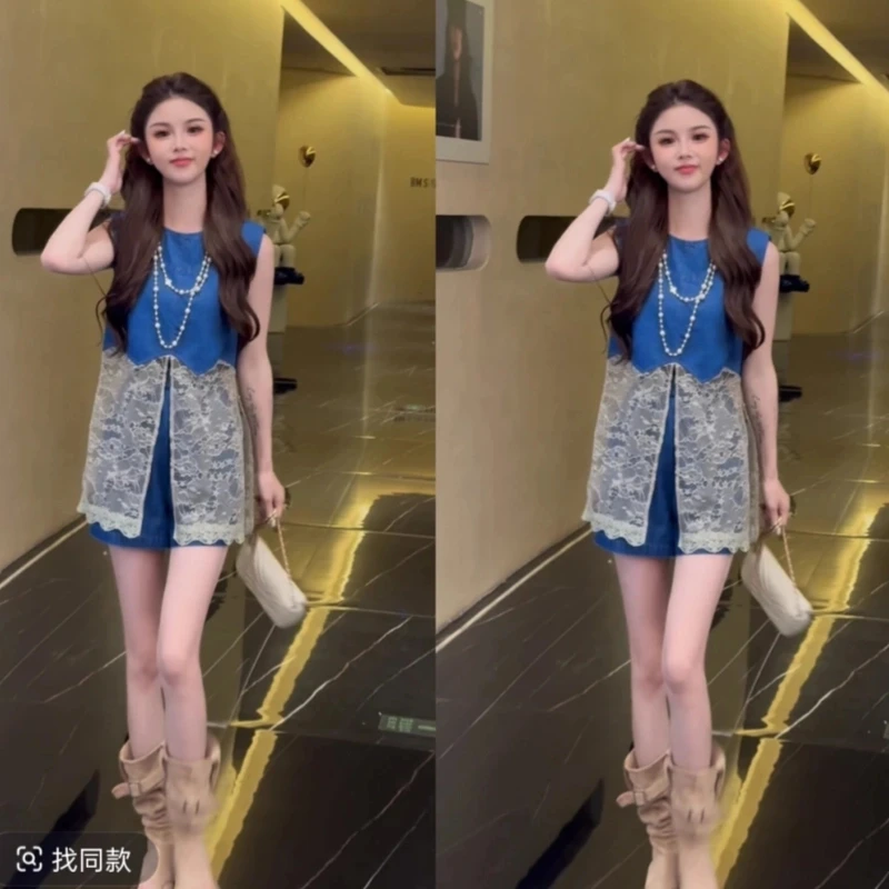 韩版设计感蕾丝拼接开叉牛仔背心上衣阔腿裤套装两件套女夏减龄潮