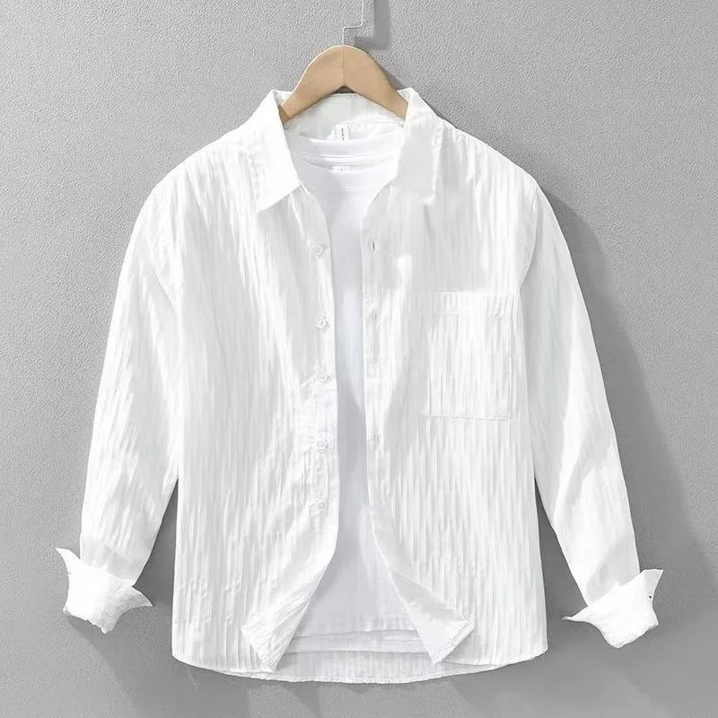 夏季透气白色褶皱感条纹半袖口袋衬衫男士薄款翻领休闲短袖衬衣