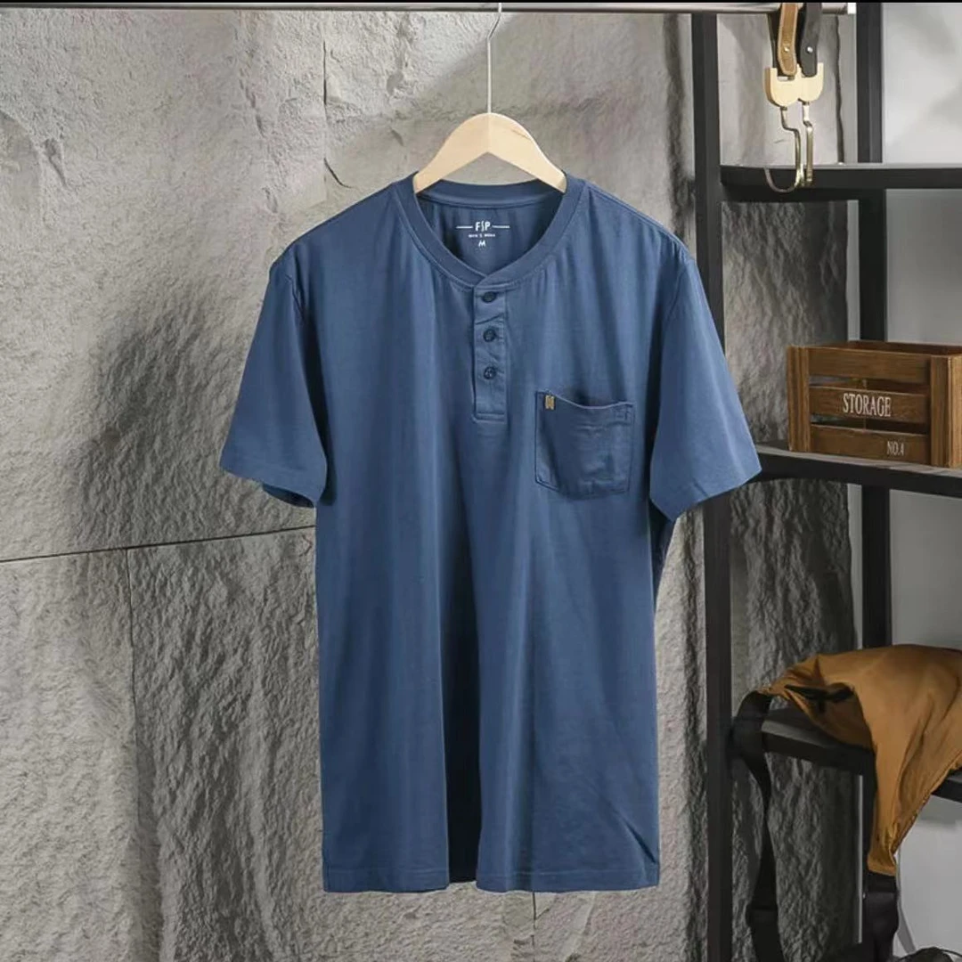 男士夏季 经典复古亨利领水洗棉柔软舒适短袖T恤