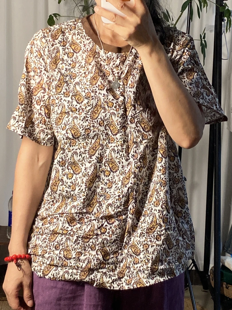 夏季丝薄麻T宽松百搭休闲碎花ins圆领小众复古时尚气质半袖印花