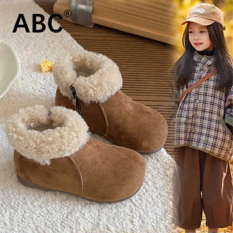 ABC儿童勃肯短靴2025冬季新款女童美拉德加绒保暖皮靴宝宝雪地靴