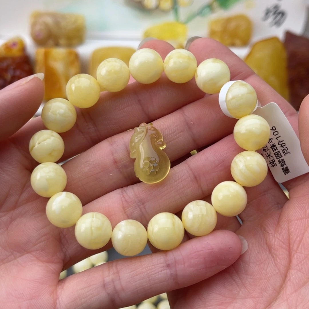 裸石琥珀未镶嵌小***麻蜜蜡圆珠手串鸽